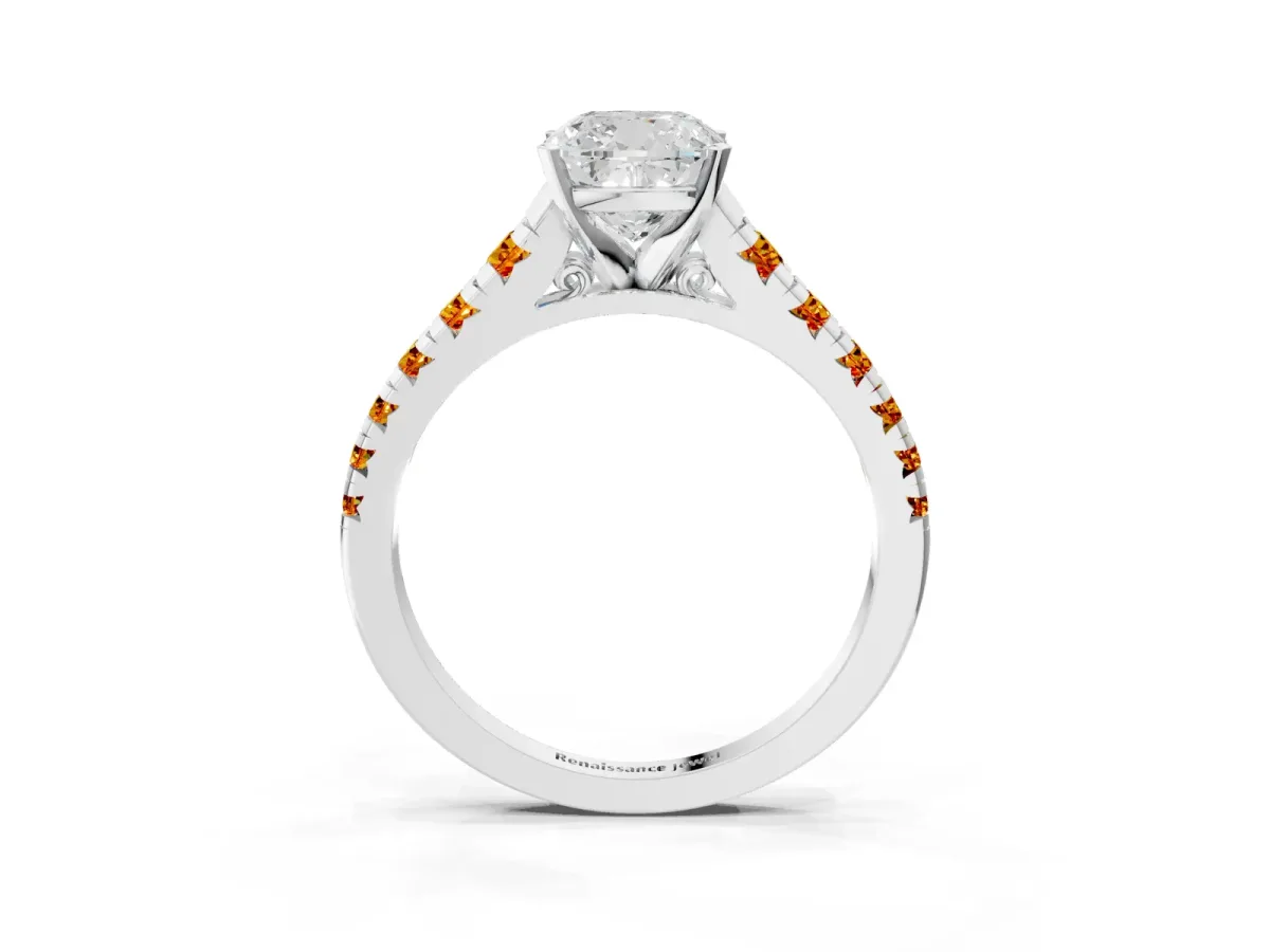 Cushion Cut Diamond Cathedral Solitaire Ring with Round Citrine Pavé Band Silver