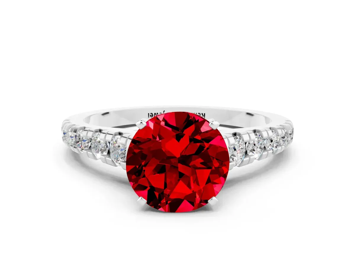 Round Cut Ruby Cathedral Solitaire Ring with Round Pavé Band Silver