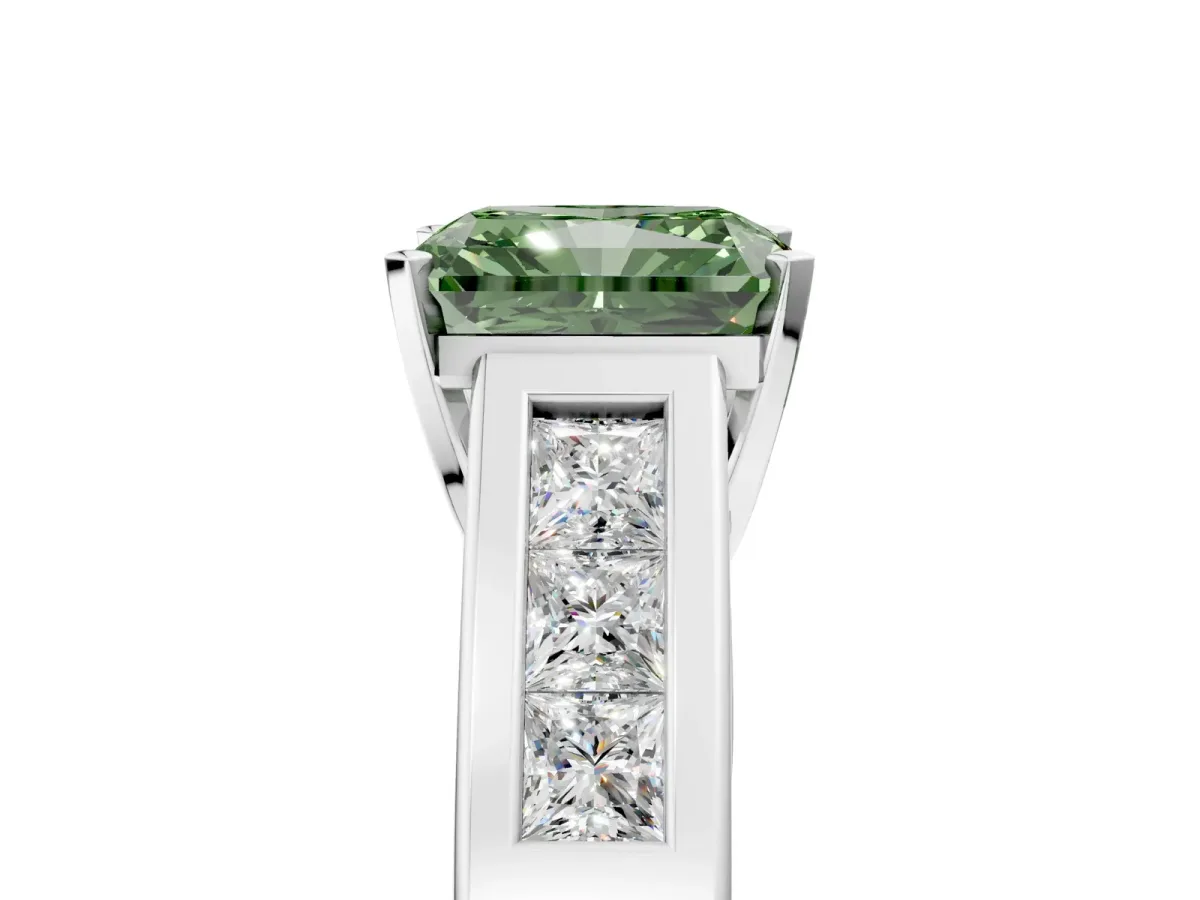 Fancy Green Radiant Cut Cut Channel Set Solitaire Ring with Four-Prong Setting Silver