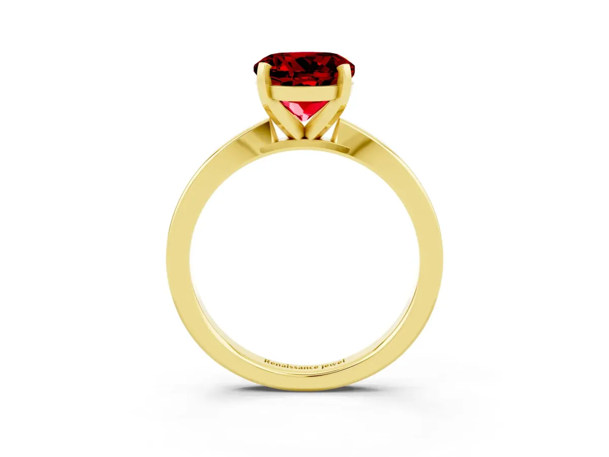 Round Cut Ruby Solitaire Engagement Ring with Classic Band and Four-Prong Setting Yellow gold