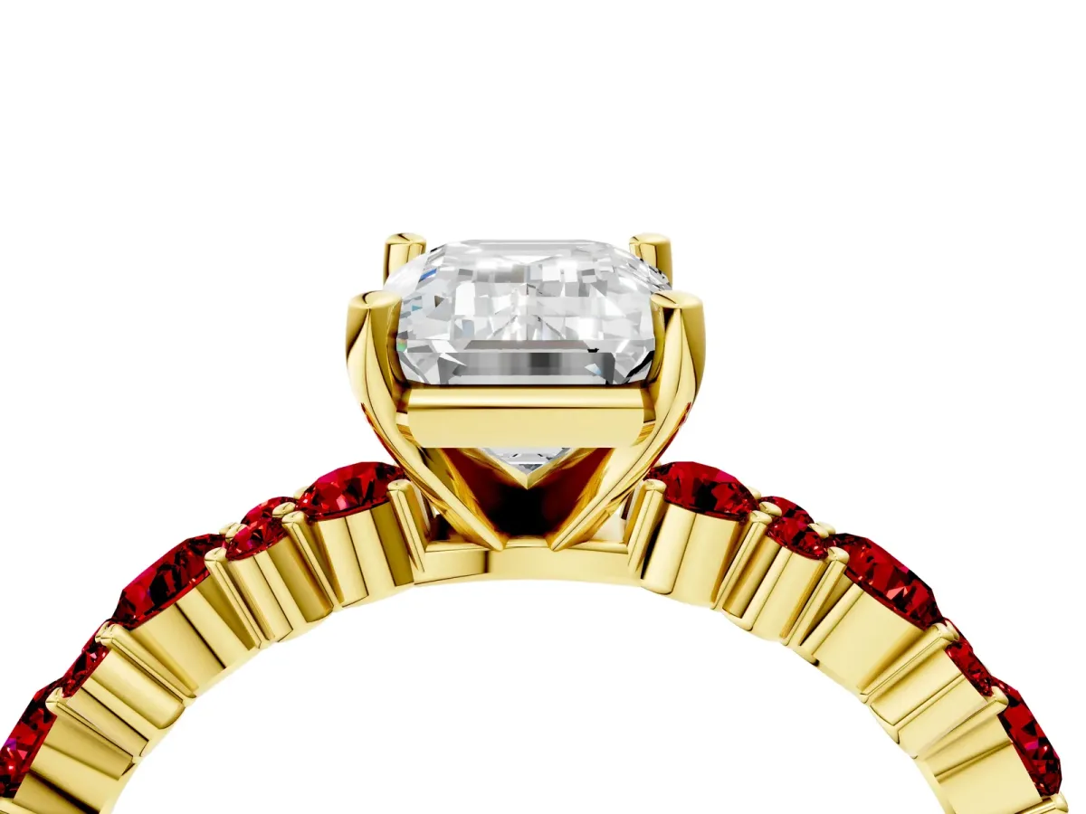 Emerald Cut Diamond Side Stone Solitaire Ring with Round Ruby and Four-Prong Setting Yellow gold