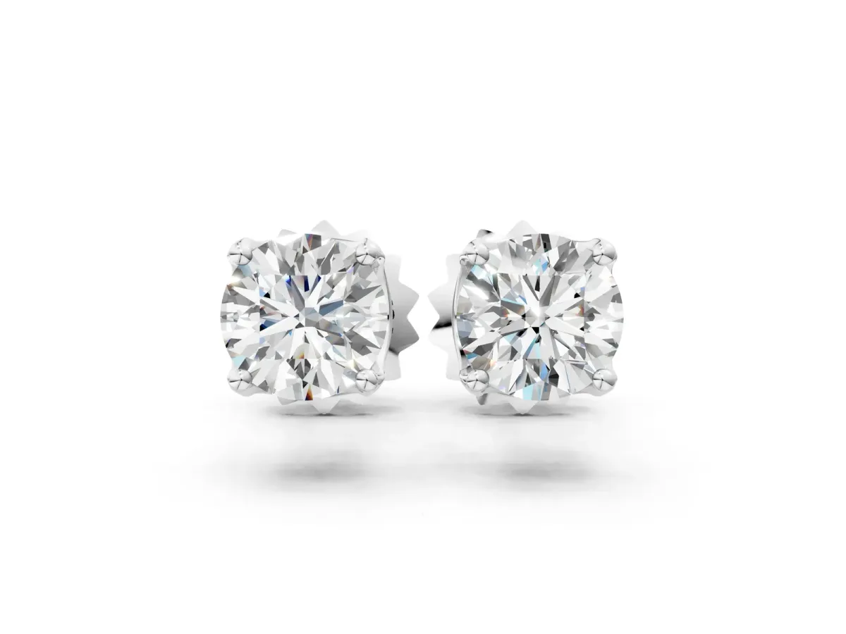 Round Solitaire Diamond Stud Earrings with Four-Prong Basket Setting Silver