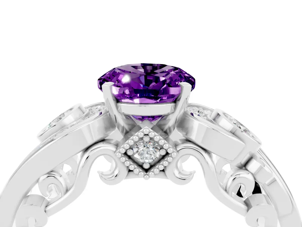 Oval Cut Amethyst Solitaire Ring with Milgrain Pavé Band and Four-Prong Setting Silver