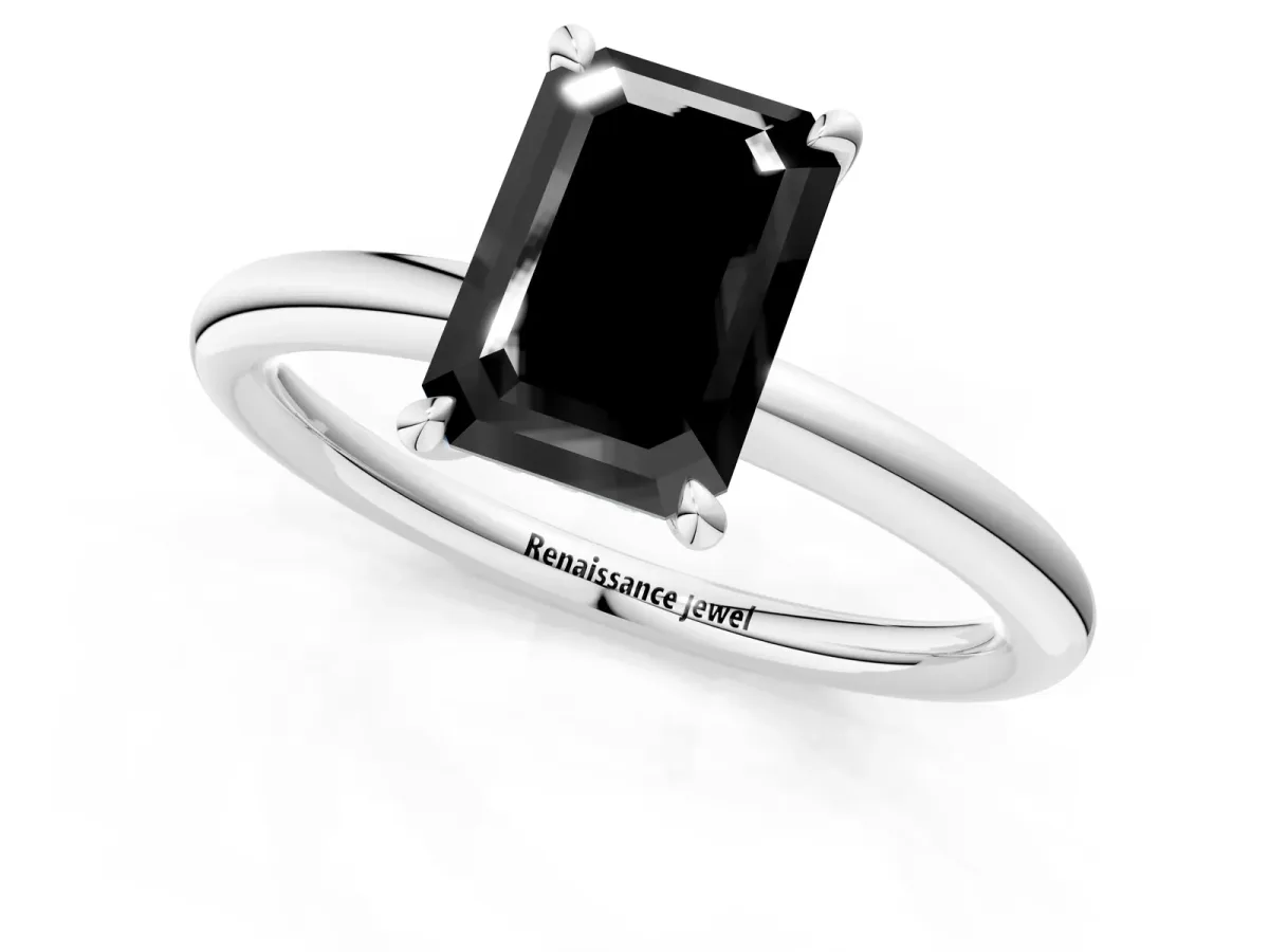 Fancy Black Emerald Cut Diamond Solitaire Ring with Thin Band and Four-Prong Setting Platinum