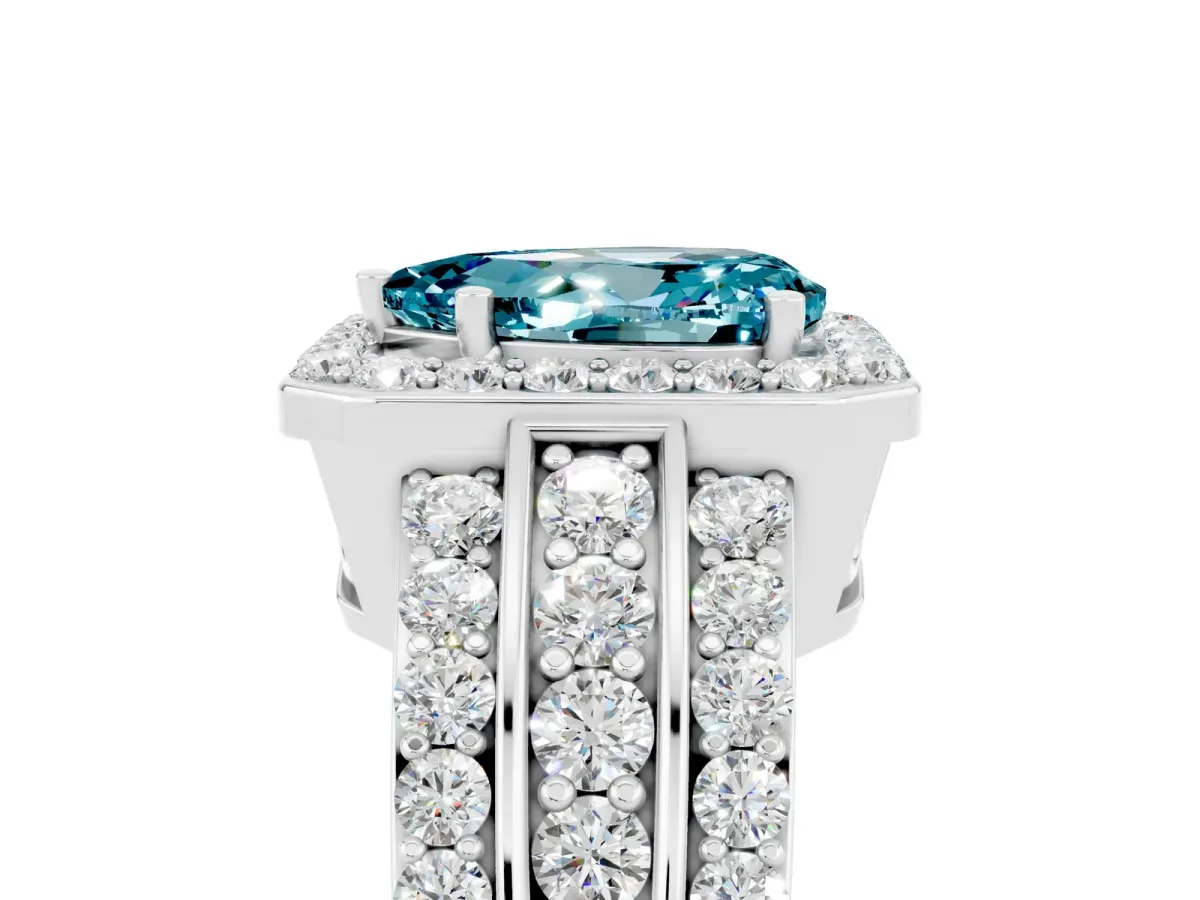 Pear Cut Halo Blue Topaz Ring with Round Split Shank and Prong Setting Silver