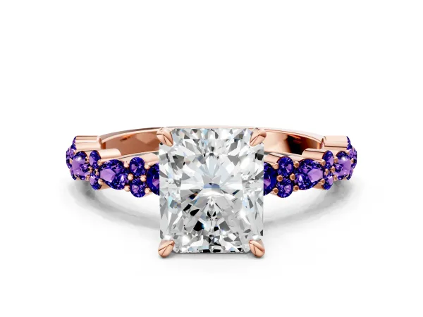 Radiant Cut Diamond Side Stone Solitaire Ring with Round Tanzanite and Four-Prong Setting Rose gold