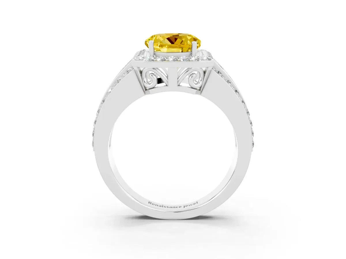 Round Cut Halo Yellow Sapphire Ring with Round Split Shank and Prong Setting Silver
