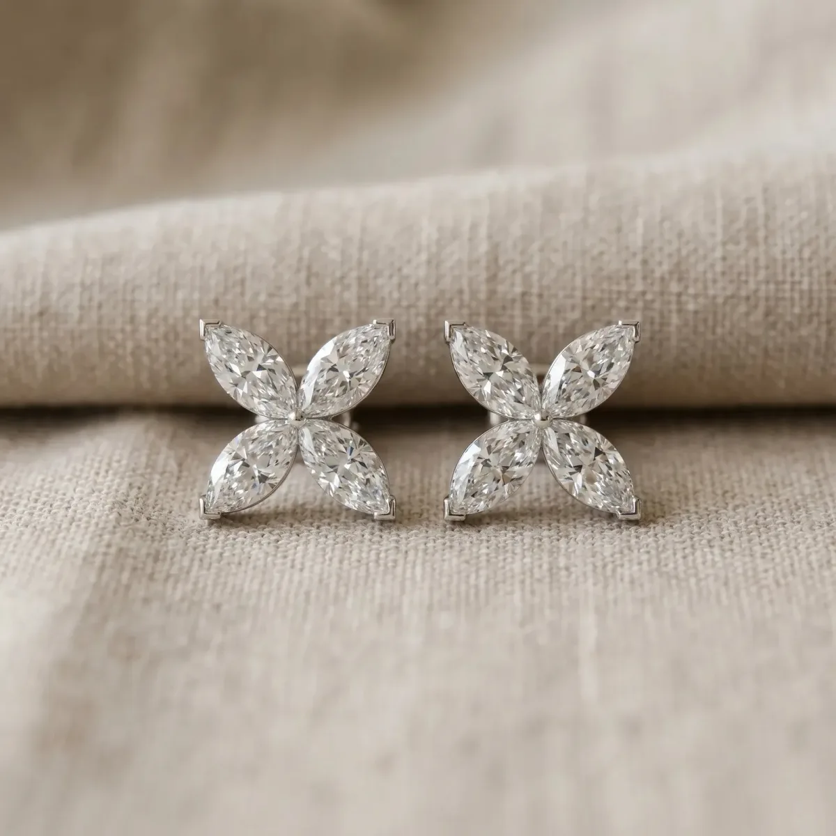 Marquise Cut Diamond Flower Stud Earrings Platinum