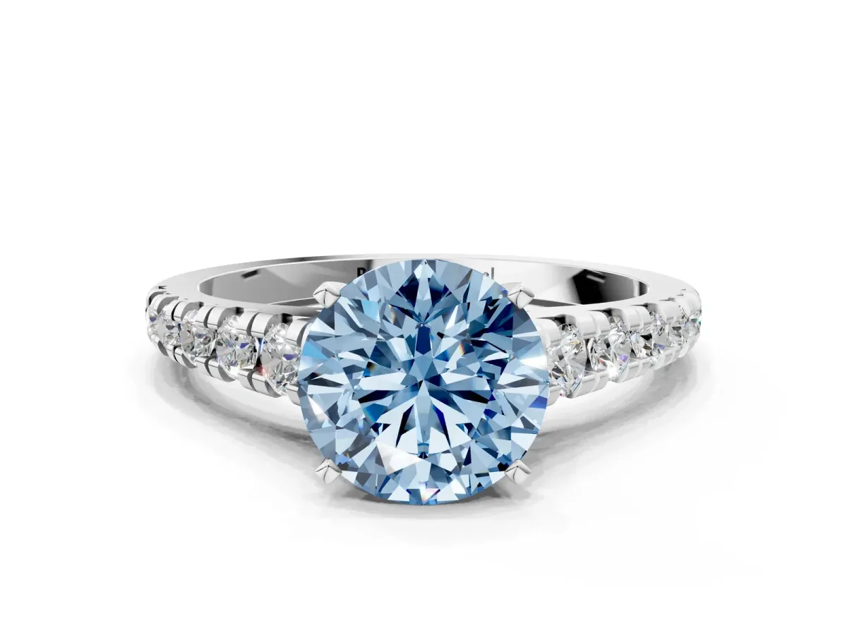 Fancy Blue Round Cut Diamond Cathedral Solitaire Ring with Round Pavé Band Silver