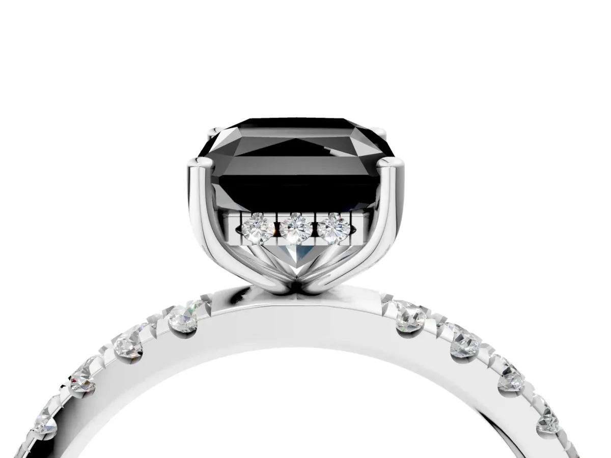 Fancy Black Radiant Cut Diamond Pave Band Solitaire Ring with Round and Prong Setting Silver