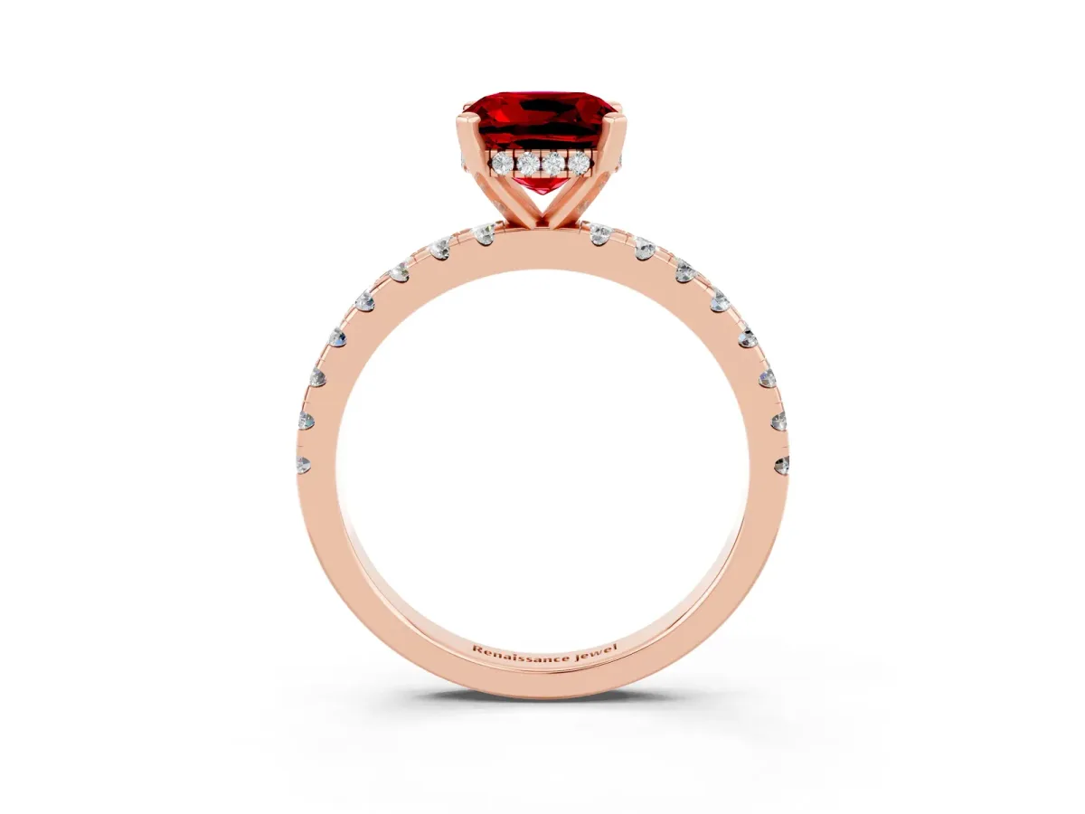 Cushion Cut Ruby Solitaire Ring with Round Pavé Band and Four-Prong Setting Rose gold