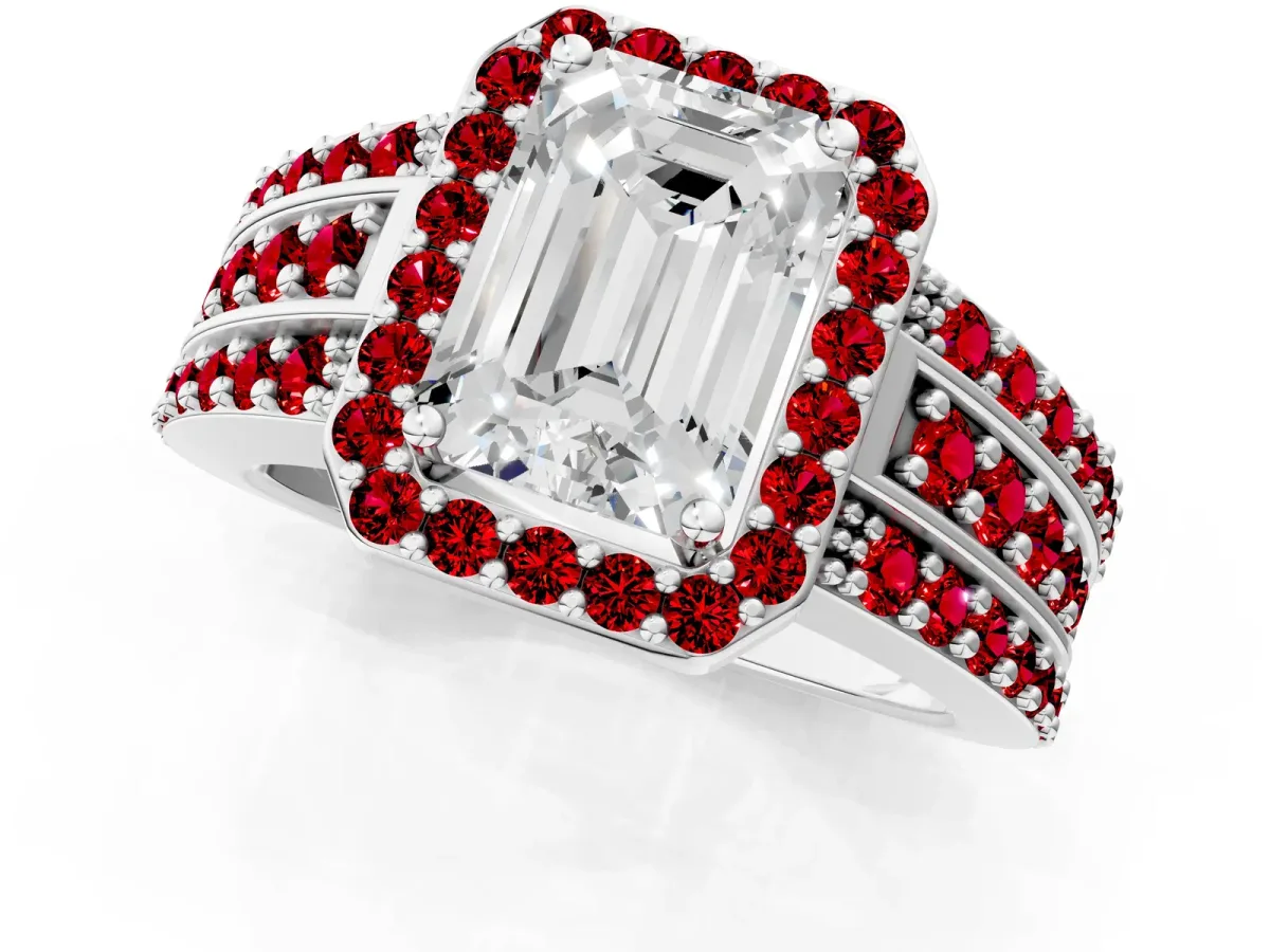 Emerald Cut Halo Diamond Ring with Round Ruby Split Shank and Prong Setting Platinum