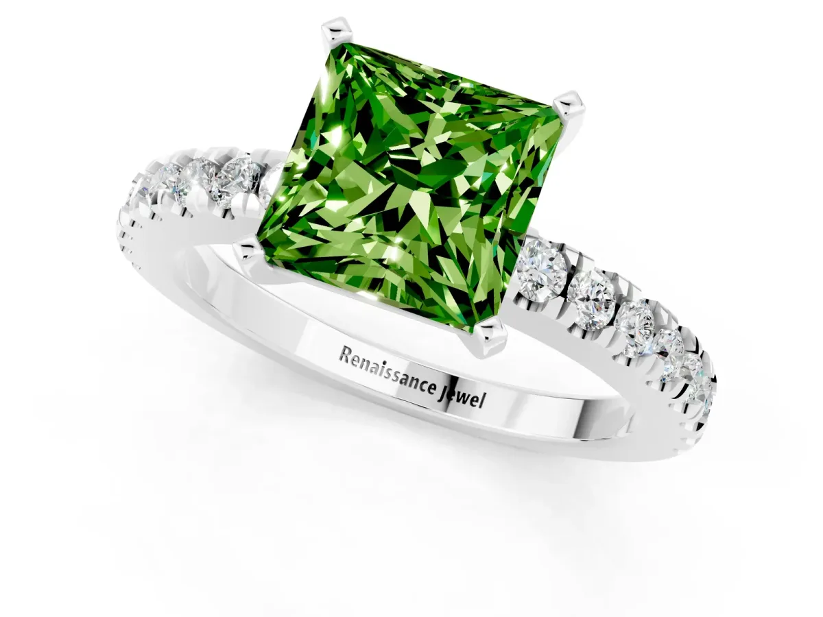 Princess Cut Solitaire Peridot with Pavé Band and Four-Prong Setting Silver