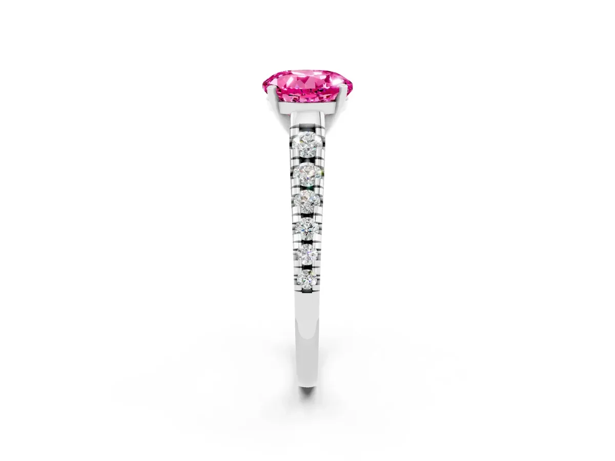 Round Cut Pink Sapphire Cathedral Solitaire Ring with Round Pavé Band Silver