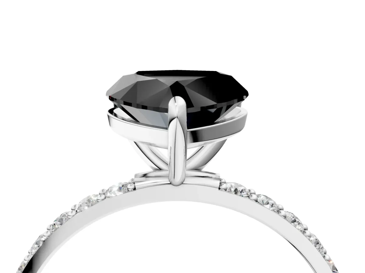 Fancy Black Heart Cut Diamond Solitaire Ring with Round Pavé Band and Prong Setting Silver