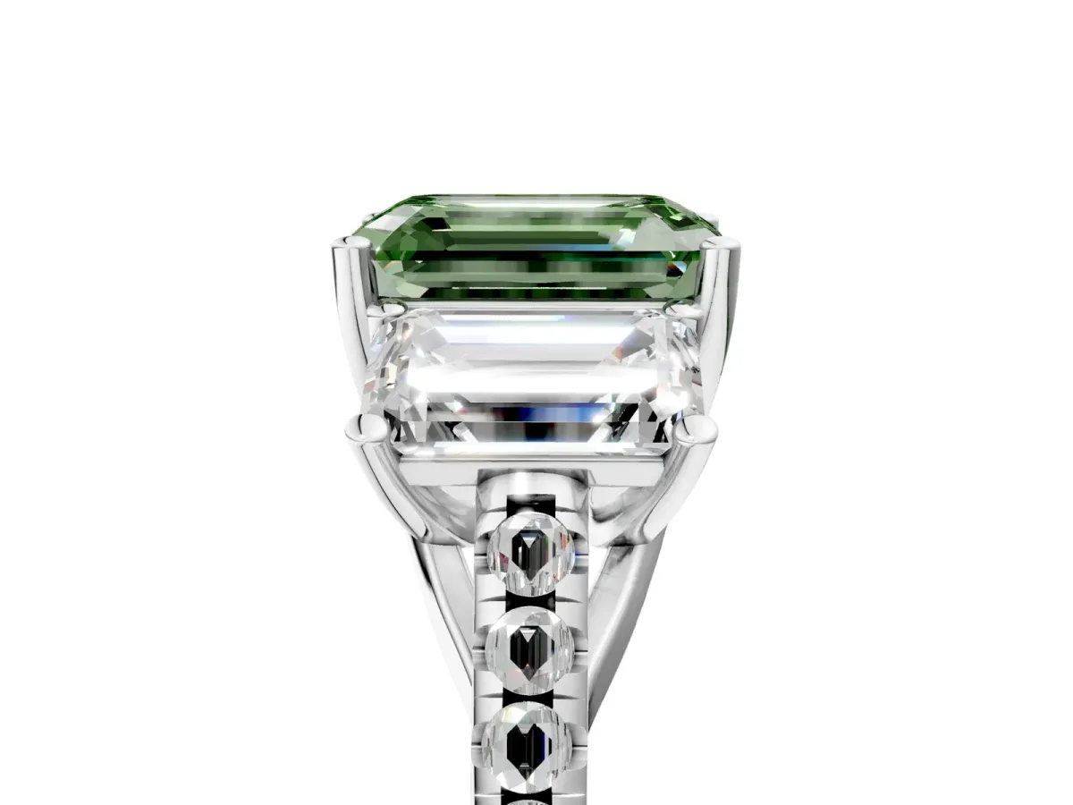 Fancy Green Three-Stone Emerald Cut Diamond Ring with Round Pavé Band and Prong Setting Platinum