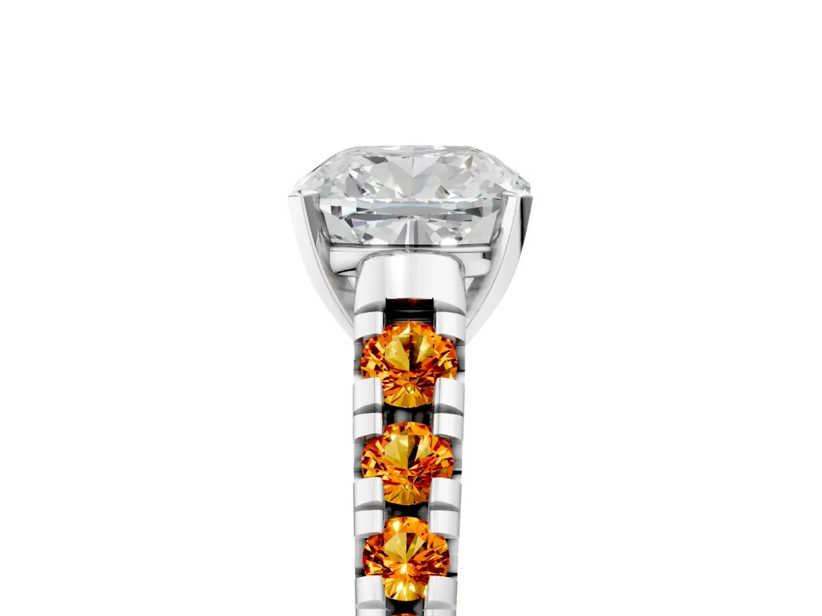 Cushion Cut Diamond Cathedral Solitaire Ring with Round Citrine Pavé Band Silver