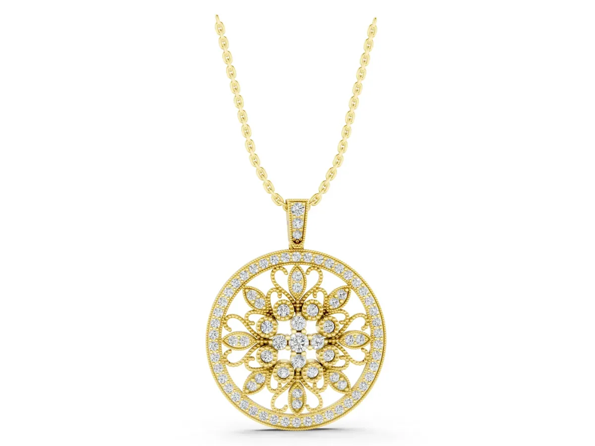 Round Pavé Diamond Filigree Pendant Yellow gold