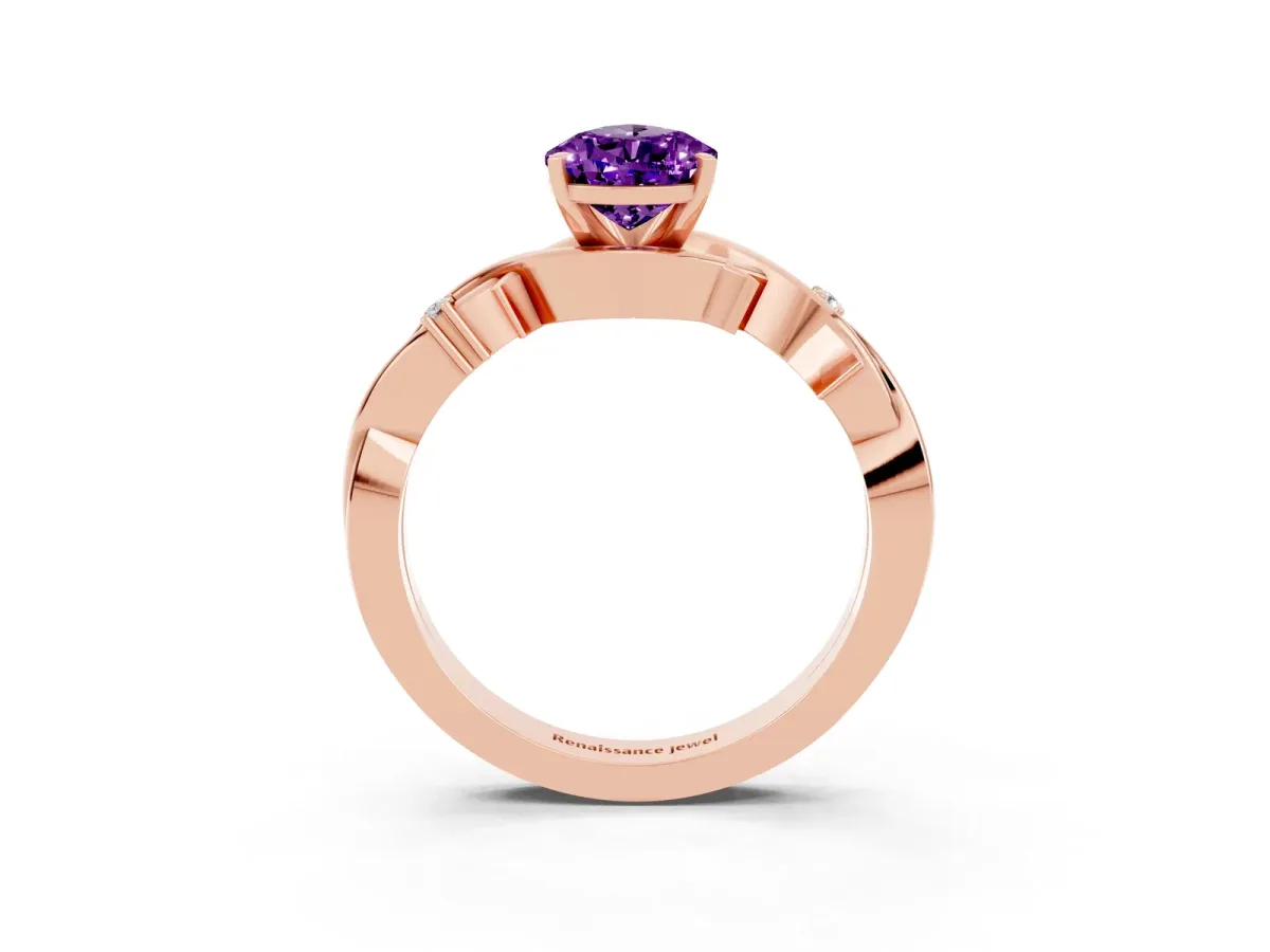 Pear Cut Amethyst Solitaire Ring with Twisted Band and Prong Setting Rose gold