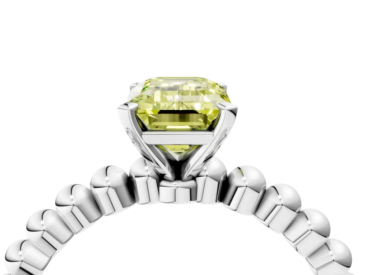 Fancy Yellow Emerald Cut Diamond Solitaire Ring with Beaded Band and Prong Setting White gold