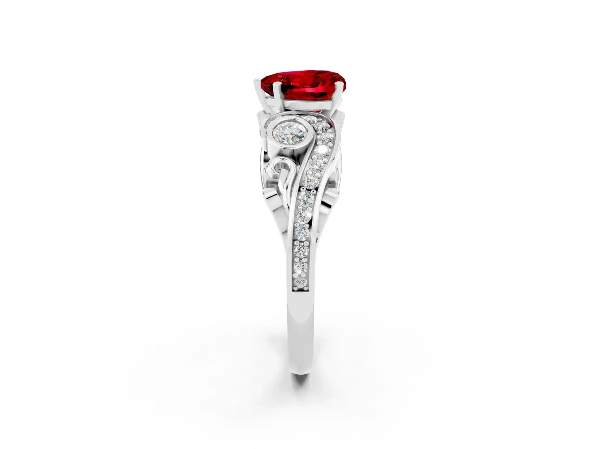 Heart Cut Ruby Solitaire Ring with Milgrain Pavé Band and Four-Prong Setting Silver