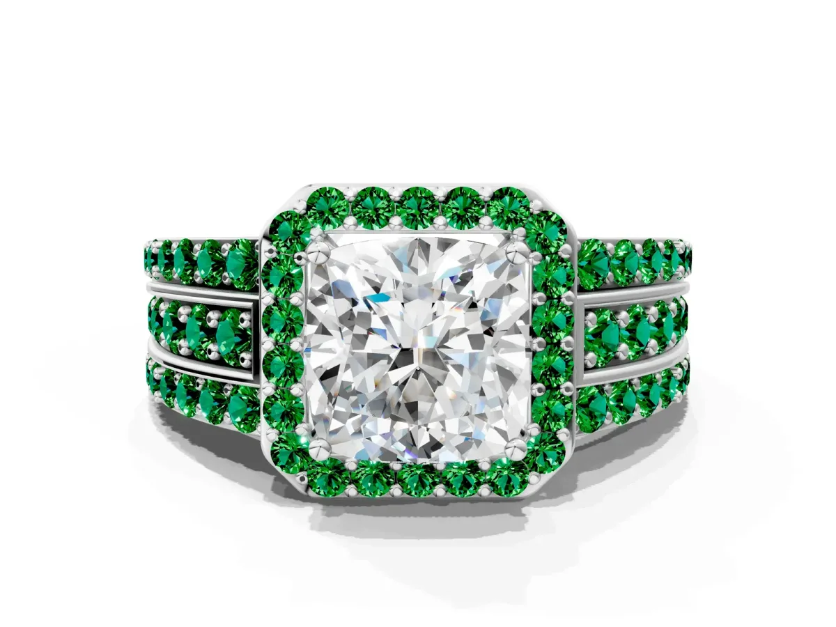 Cushion Cut Halo Diamond Ring with Round Emerald Split Shank and Prong Setting Platinum