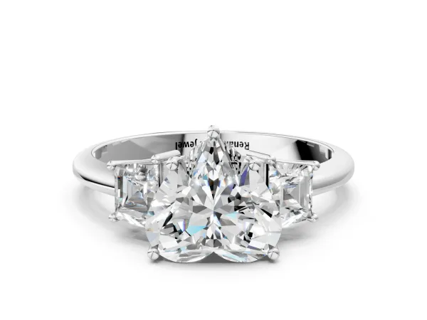Heart Cut Diamond Three-Stone Ring with Trapezoid Side Stones and Prong Setting Platinum