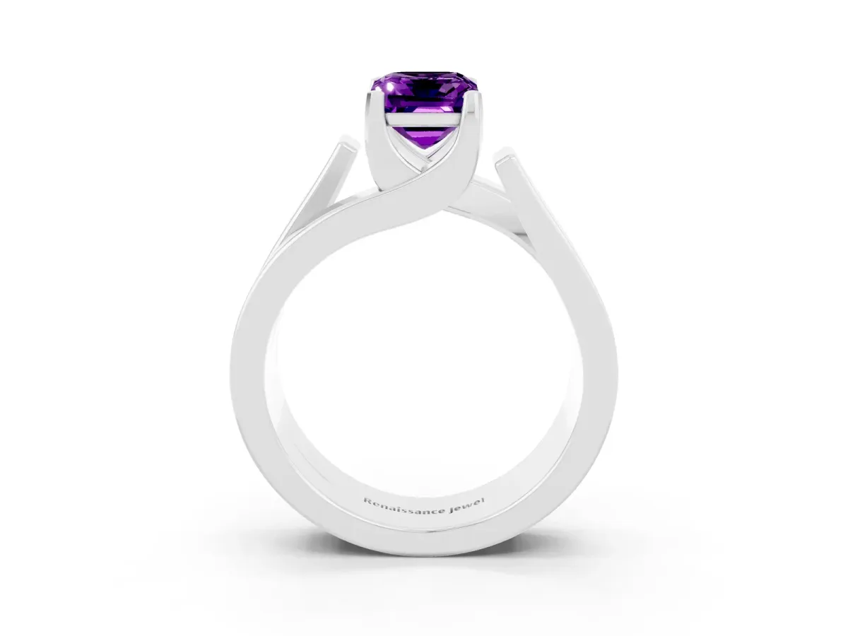 Modern Tension Set Emerald Cut Amethyst Solitaire Wide Band Ring Platinum