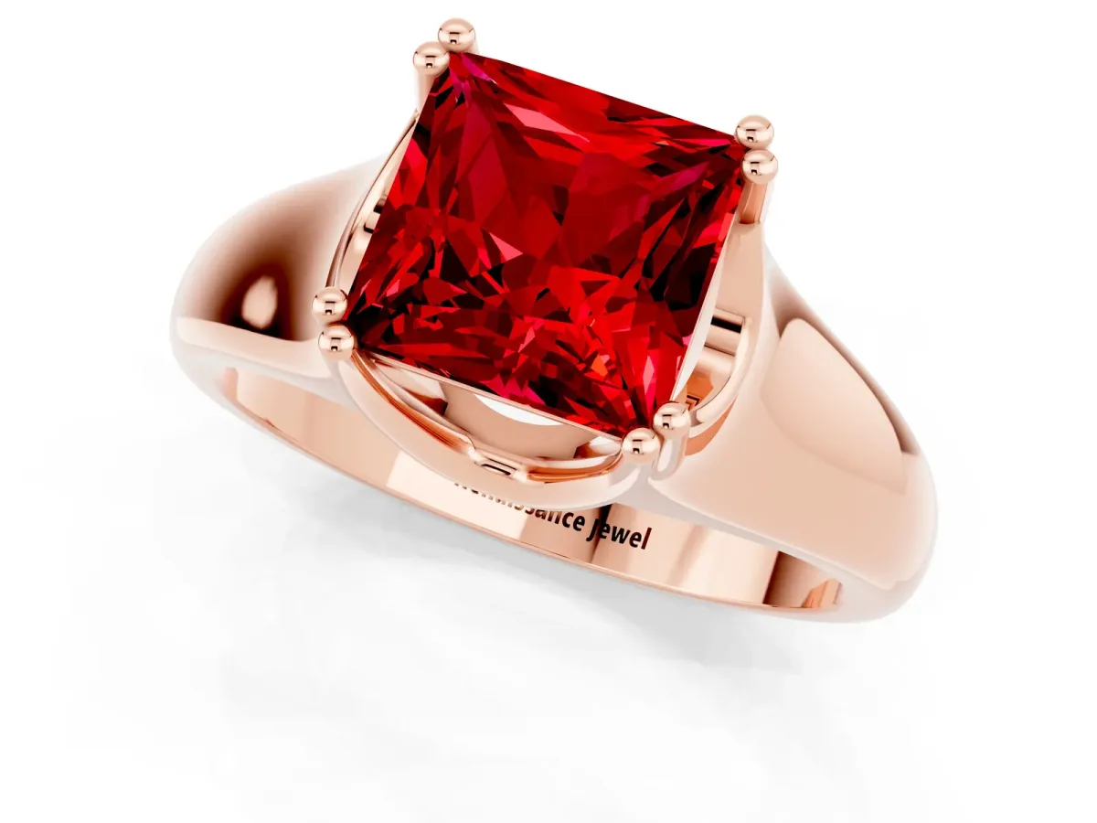 Princess Cut Ruby Solitaire Ring with Wide Band and Prong Setting Rose gold
