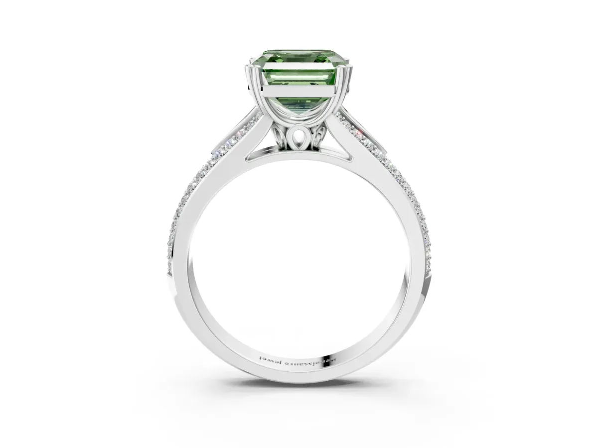 Fancy Green Asscher Cut Diamond Split Shank Engagement Ring with Pavé Band Platinum