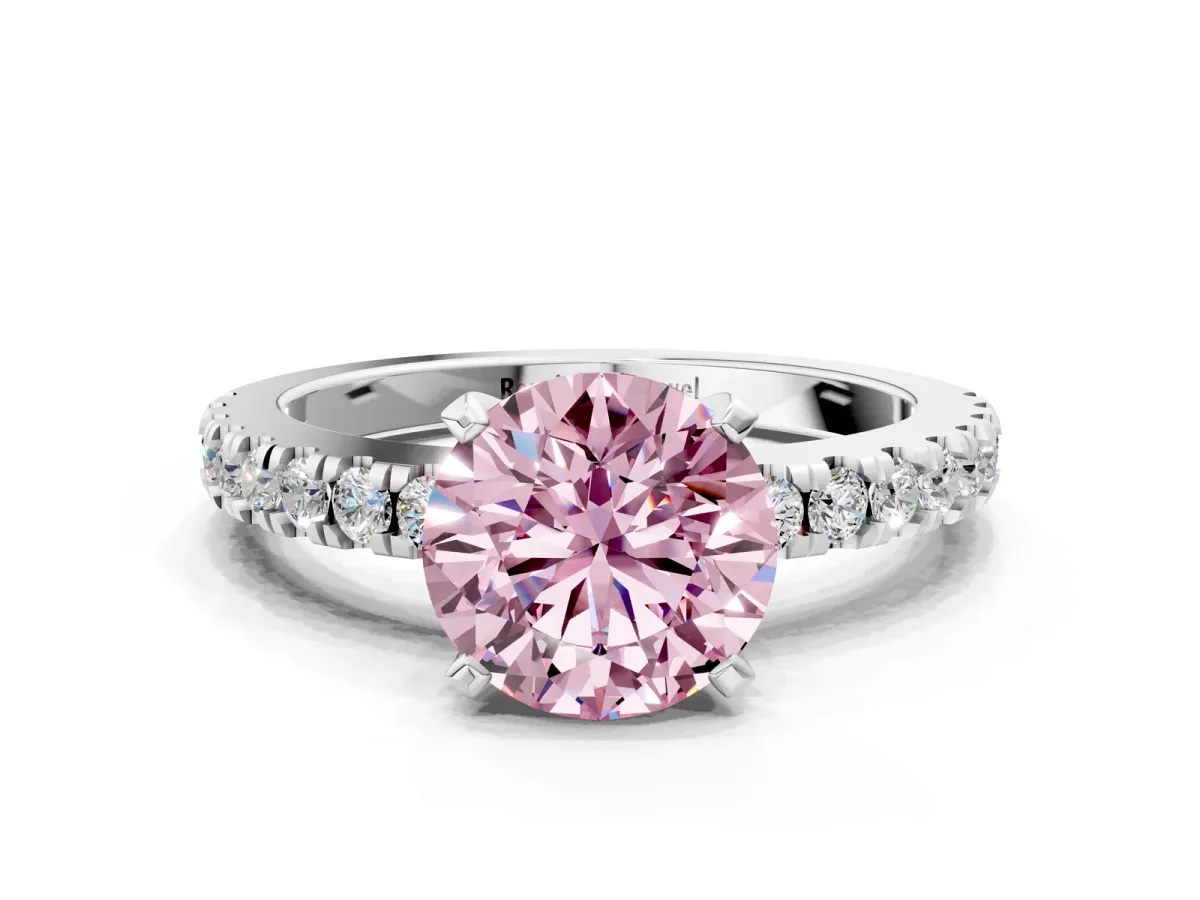 Fancy Pink Round Cut Solitaire Diamond with Pavé Band and Four-Prong Setting Silver