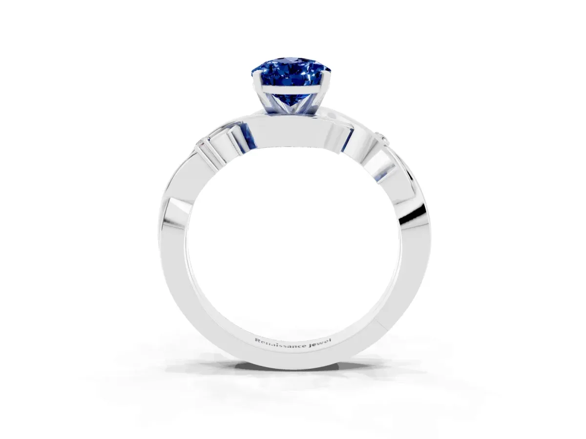 Pear Cut Blue Sapphire Solitaire Ring with Twisted Band and Prong Setting White gold