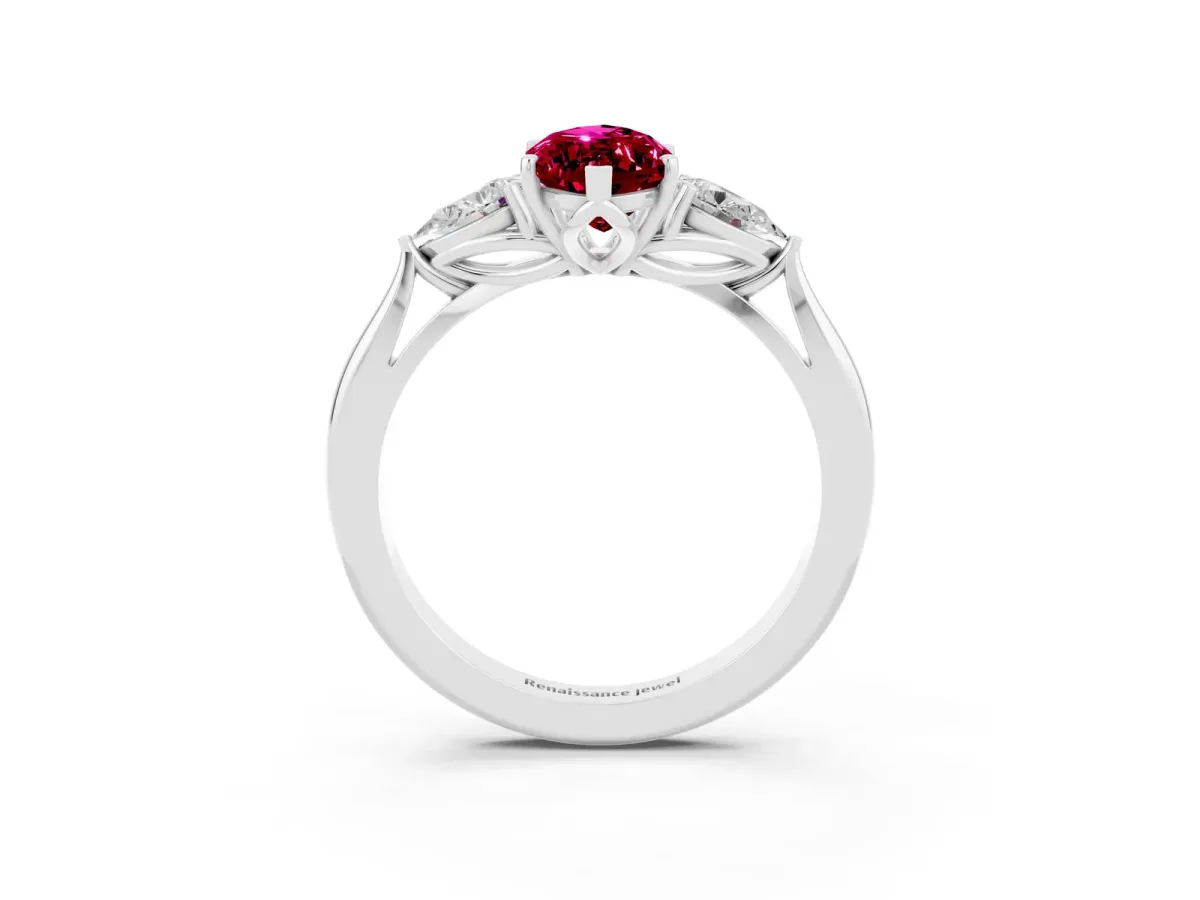 Marquise Cut Garnet Three-Stone Ring with Pear Side Stones and Prong Setting White gold