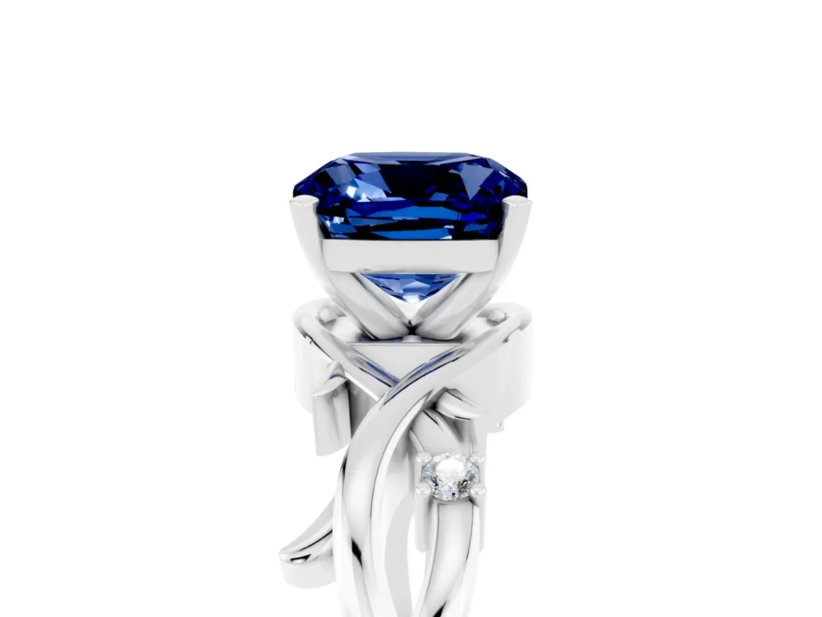 Cushion Cut Blue Sapphire Solitaire Ring with Twisted Band and Prong Setting Platinum