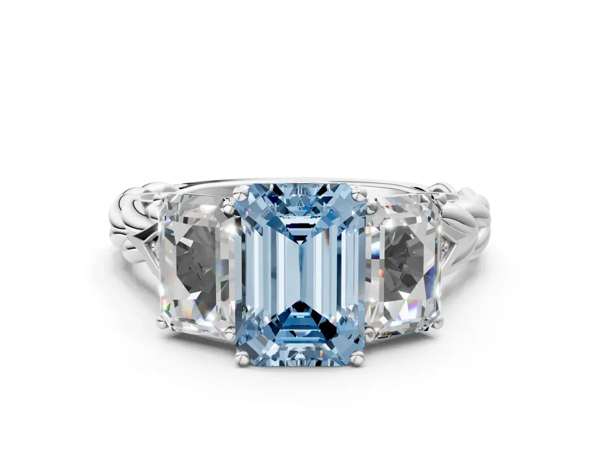 Fancy Blue Three-Stone Emerald Cut Diamond Braided Band Ring with Four-Prong Setting Platinum
