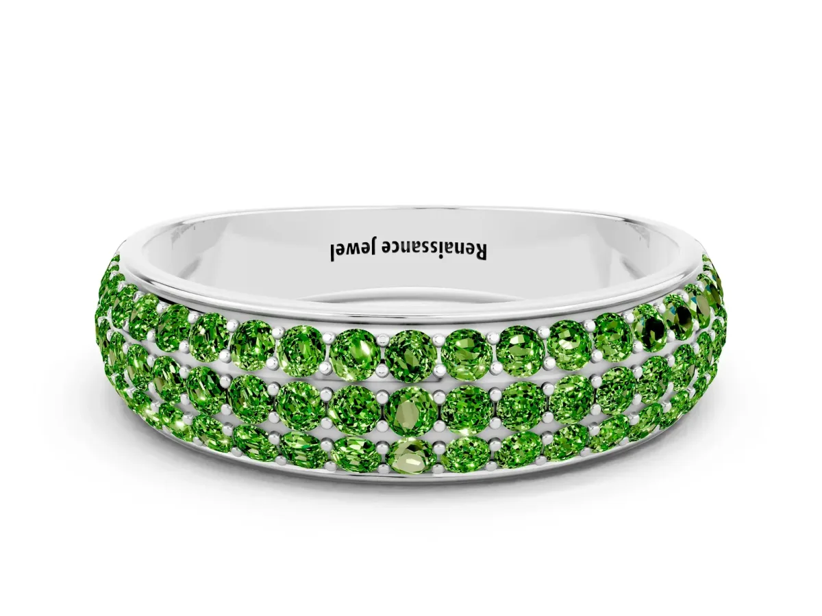 Three-Row Round Peridot Eternity Band with Shared Prong Setting Platinum
