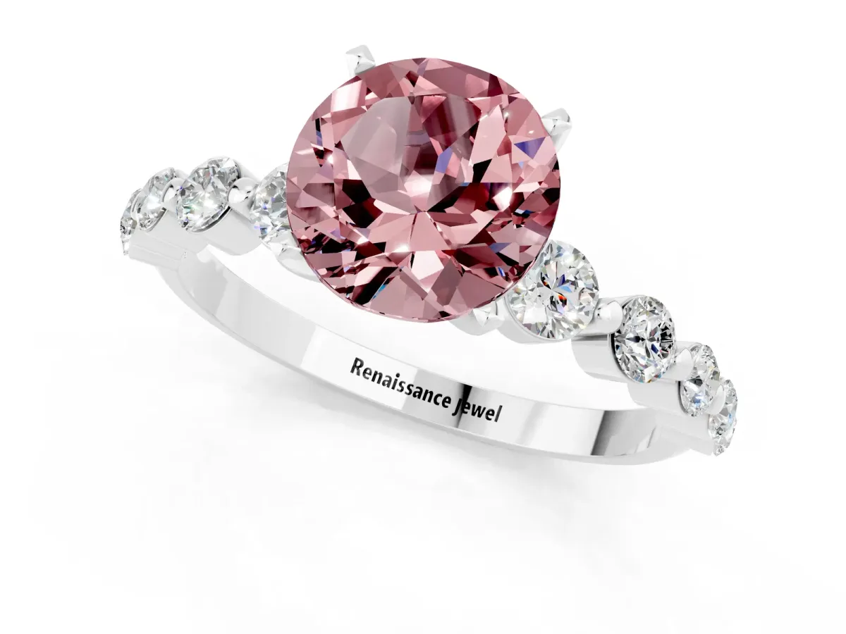 Round Cut Solitaire Morganite Ring with Pave Band and Four-Prong Setting Silver