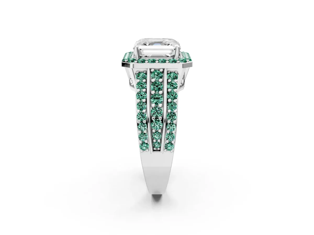 Asscher Cut Halo Diamond Ring with Round Green Sapphire Split Shank and Prong Setting Silver