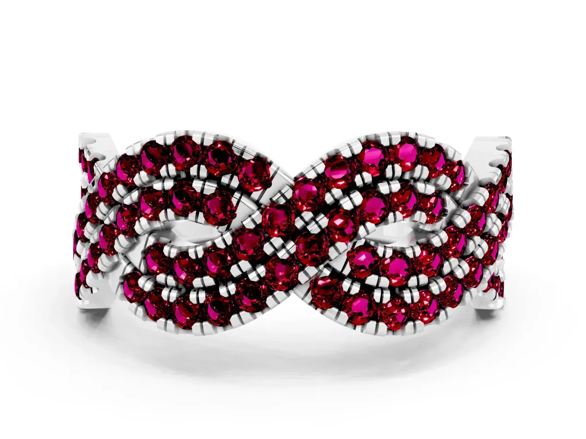 Pavé Round Garnet Infinity Twist Band with Shared Prong Setting Silver