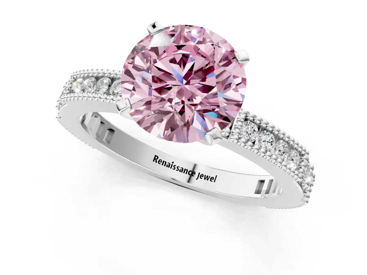 Fancy Pink Round Cut Solitaire with Pavé Band and Four-Prong Setting Silver