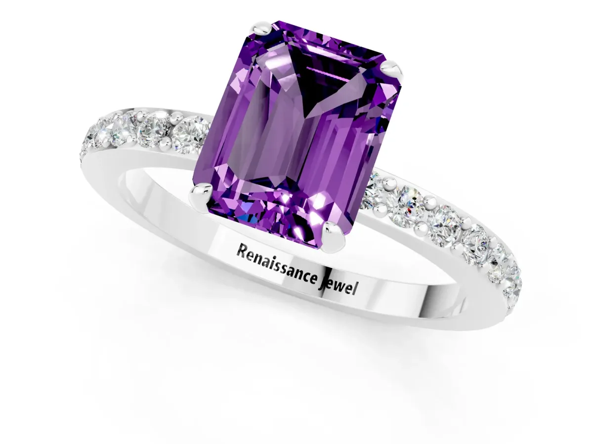Emerald Cut Amethyst Solitaire Engagement Ring with Pavé Band and Four-Prong Setting Silver