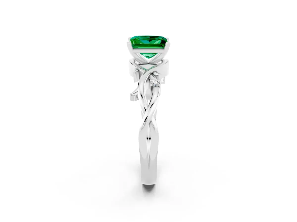 Princess Cut Emerald Solitaire Ring with Twisted Band and Prong Setting Silver
