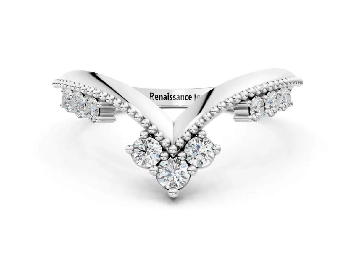 Diamond Chevron Milgrain Band with Round Cut Stones and Prong Setting Silver