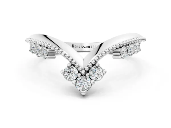 Diamond Chevron Milgrain Band with Round Cut Stones and Prong Setting Silver