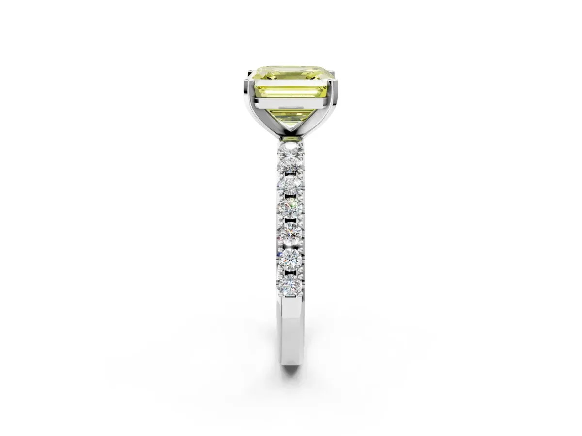 Fancy Yellow Asscher Cut Diamond Solitaire Pavé Band with Four-Prong Setting Silver