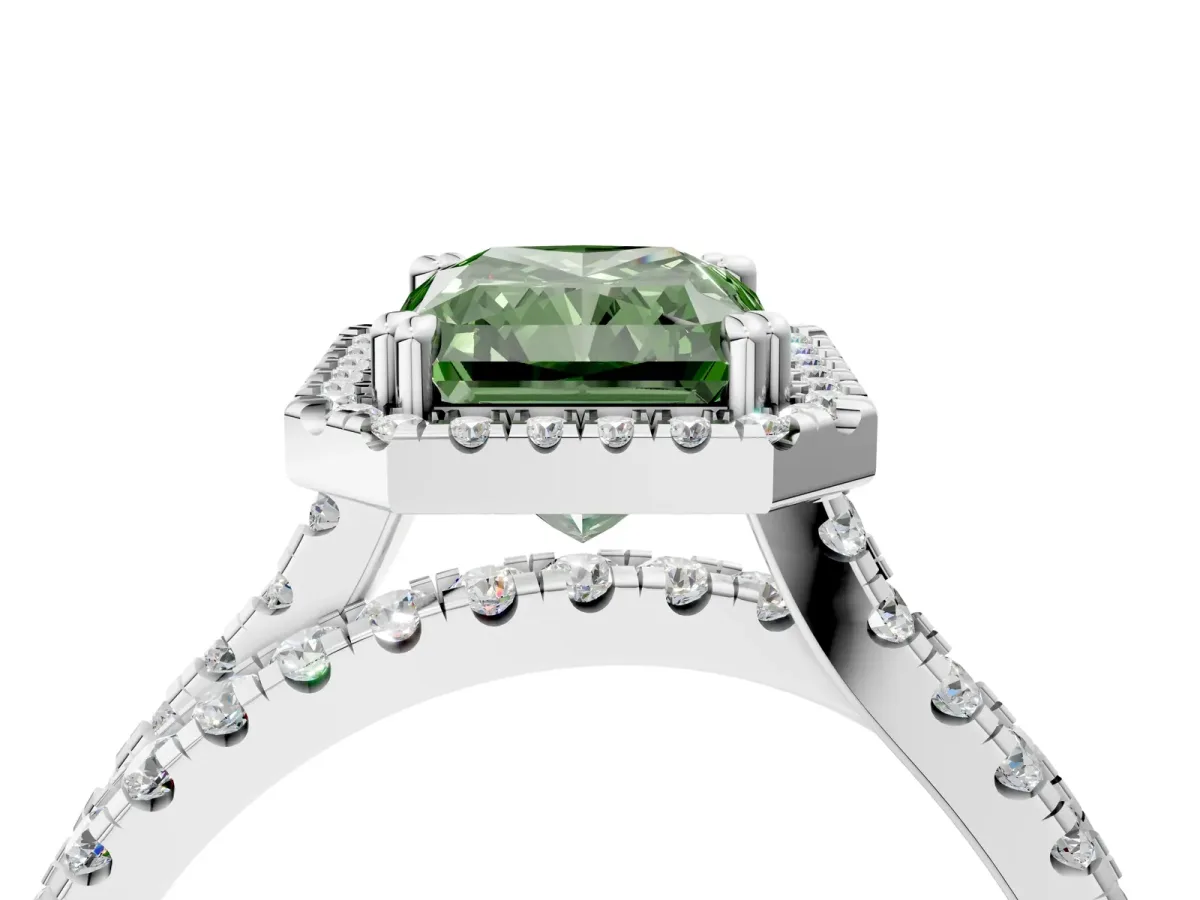 Fancy Green Radiant Cut Halo Split Shank Diamond Ring with Pavé Setting Platinum