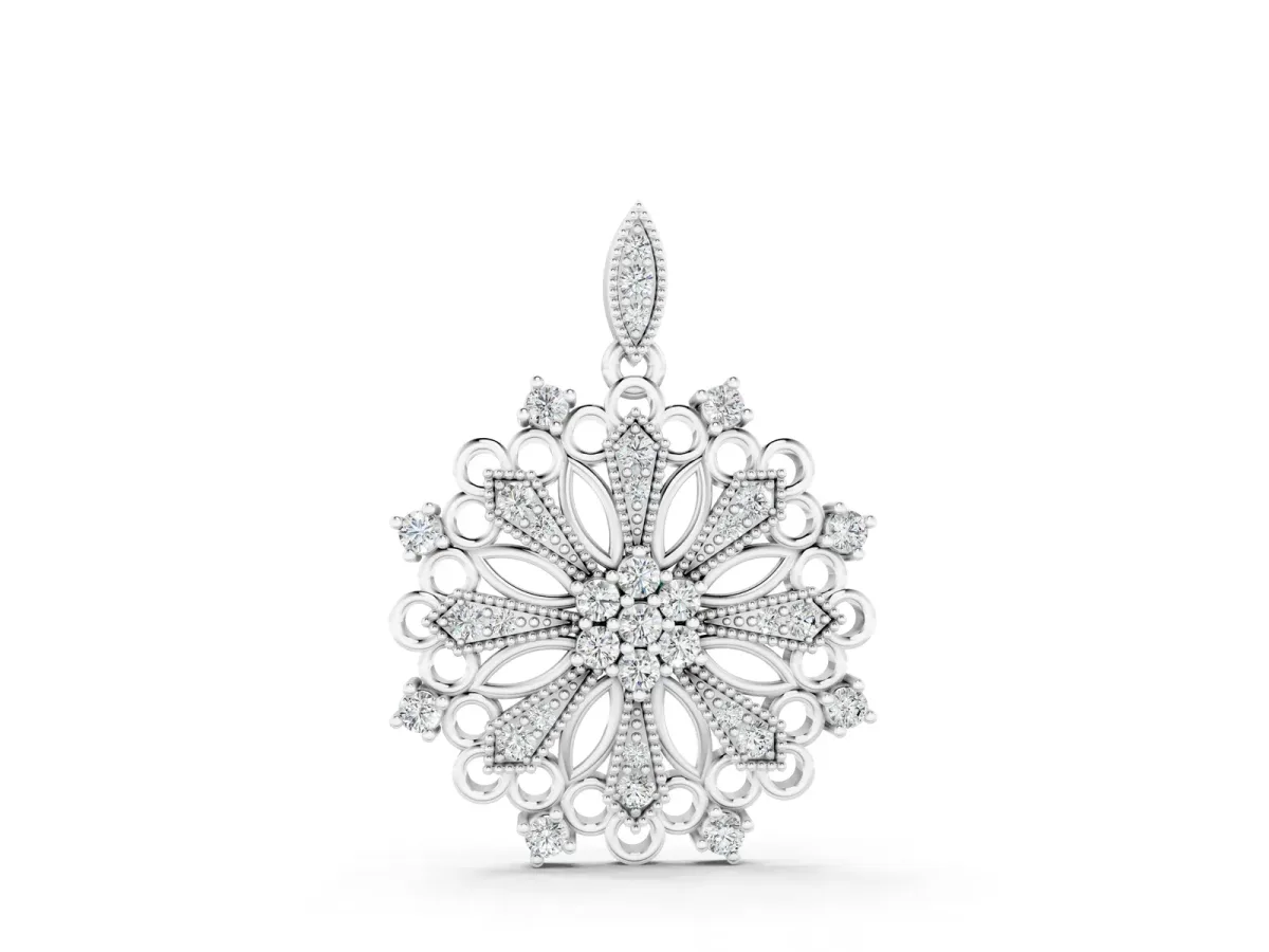 Round Diamond Cluster Milgrain Pendant White gold