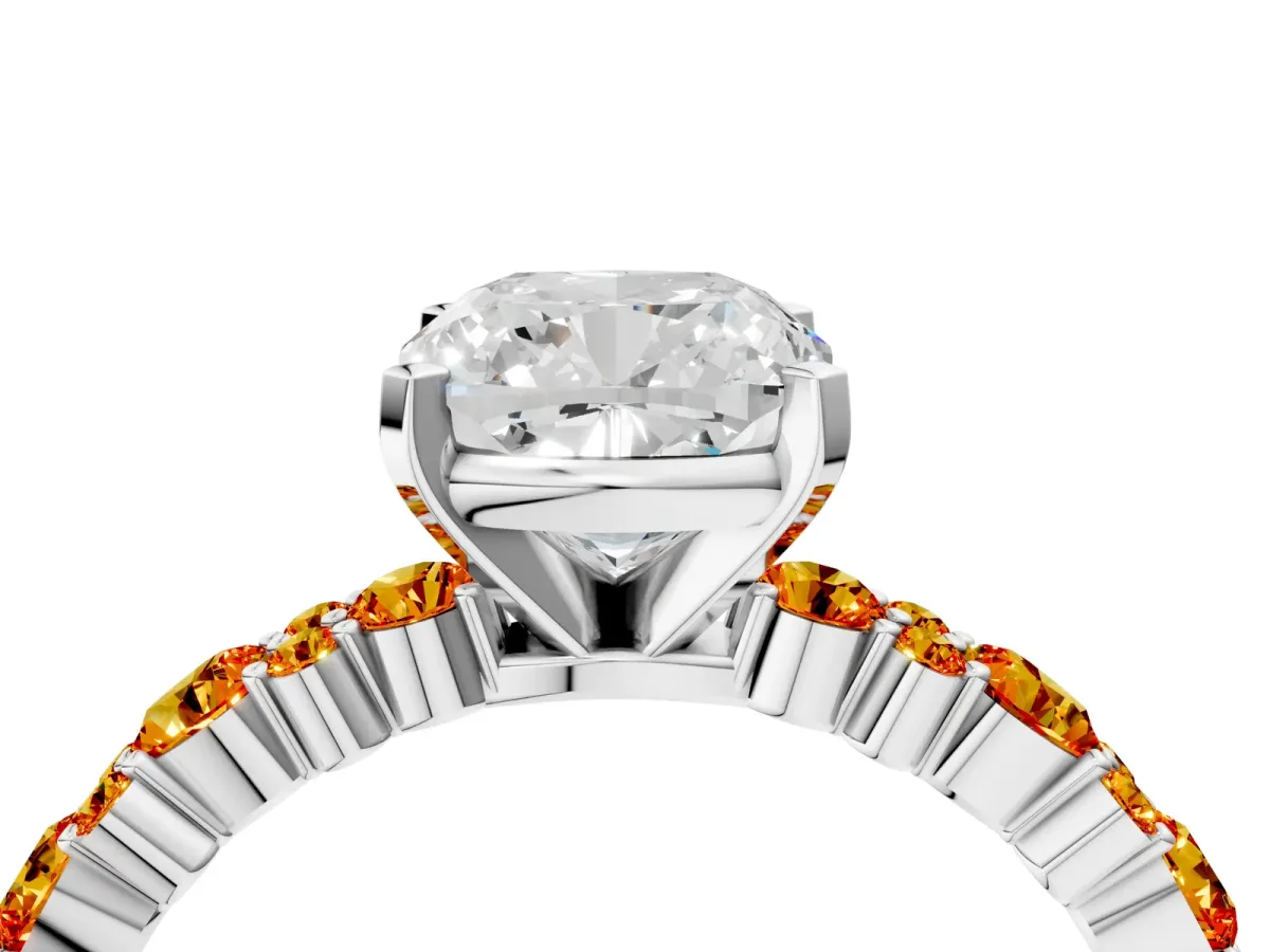 Cushion Cut Diamond Side Stone Solitaire Ring with Round Citrine and Four-Prong Setting Platinum