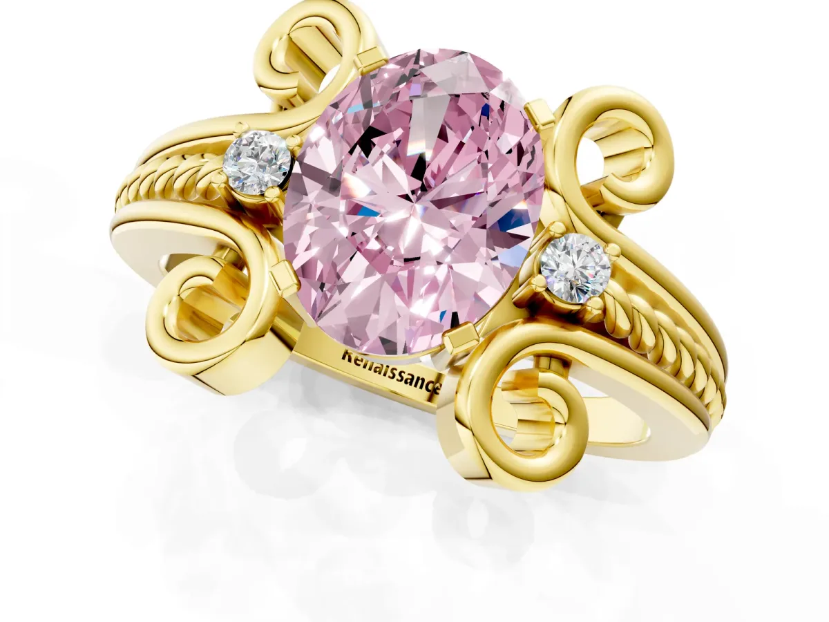 Fancy Pink Oval Cut Solitaire Twisted Band Scroll Prong Ring Yellow gold