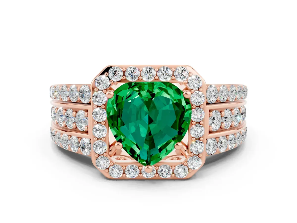 Heart Cut Halo Emerald Ring with Round Split Shank and Prong Setting Rose gold